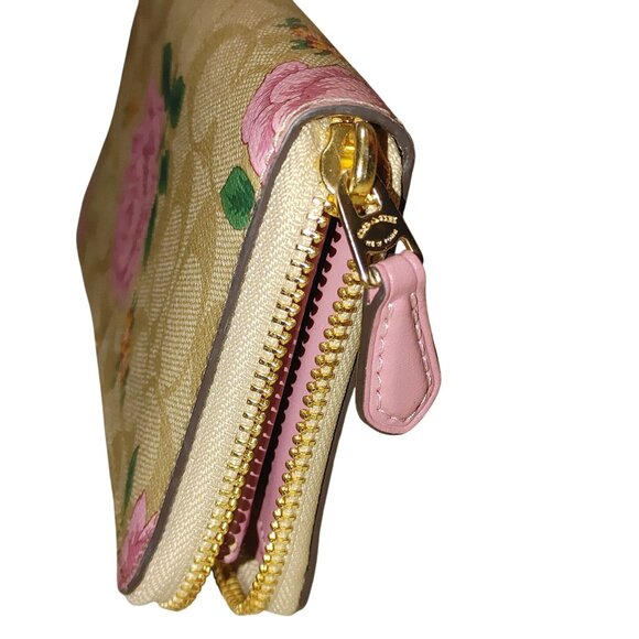 Coach Signature Prairie Rose Zip Around Wallet Beige Pink Floral Compartments - Picture 11 of 13